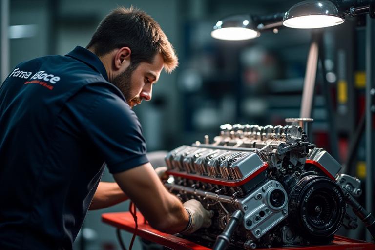 Meccanico specializzato che lavora su un motore sportivo ad alte prestazioni